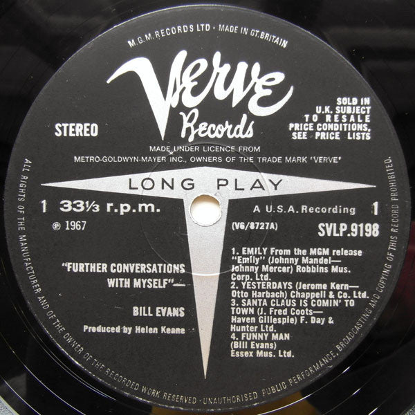 Image of Label Cover of LP - VG/VG+ - BILL EVANS, Further Conversations With Myself (Verve Records; SVLP 9198, UK 1967, Laminated Flipback Sleeve), Worn Spine, - 1826200E