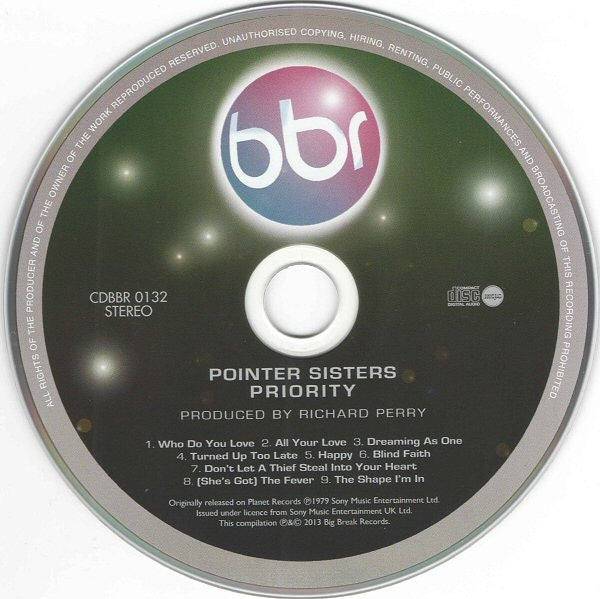 Image of Label Cover of CD - VG+/EX - POINTER SISTERS, Priority (Big Break Records; CDBBR0132, UK 2013 Reissue, Super Jewel case), Nice copy showing minimal sign of use., - 1816702C