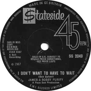 Image of Back Cover of 7" - /G+ - JAMES & BOBBY PURIFY, Let Love Come Between Us / I Don't Want To Have To Wait (Stateside; SS 2049, UK 1967), , - 1926138E