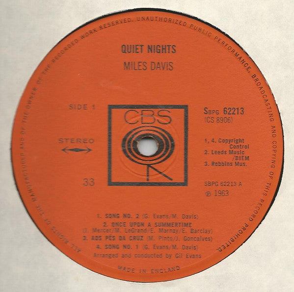 Image of Label Cover of LP - VG/G+ - MILES DAVIS, Quiet Nights (CBS; SBPG 62213, UK 1964), Vinyl in Strong G+, Light Marks Only, - 1946254S