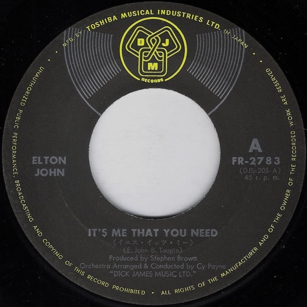Image of Label Cover of 7" - VG/VG - ELTON JOHN, It's Me That You Need (DJM Records; FR-2783, Japan 1971 Reissue, Fold Over Sleeve, Company Inner, 400 Yen Price), Strong VG Throughout, With company inner. , - 1916317C
