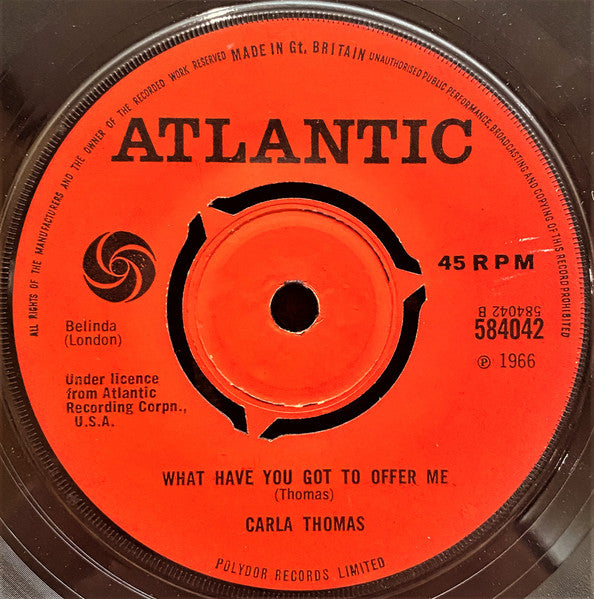 Image of Back Cover of 7" - /G+ - CARLA THOMAS, B A B Y / What Have You Got To Offer Me (Atlantic; 584042, UK 1966, 3 prong centre), Marks on disc. Plays well. Centre missing., - 1926142E