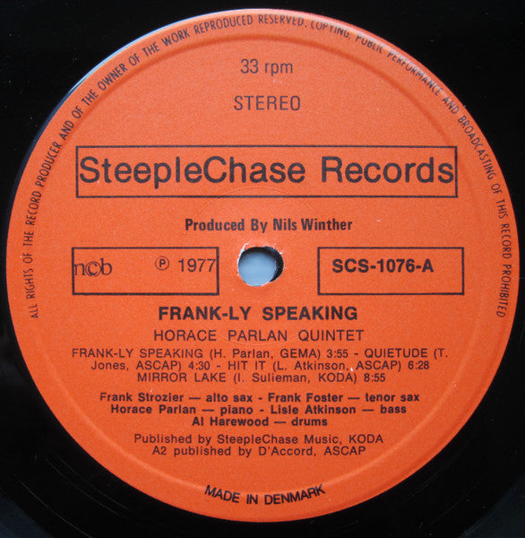 Image of Label Cover of LP - VG/VG+ - HORACE PARLAN QUINTET, Frank-ly Speaking (SteepleChase; SCS-1076, Denmark 1977), , - 1946256S