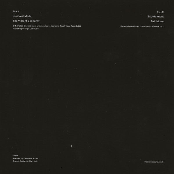 Image of Back Cover of 7" - VG+/VG+ - SLEAFORD MODS / EXTNDDNTWRK, The Violent Economy / Full Moon (Electronic Sound; ES798, UK 2023, Picture Sleeve, White Vinyl), Sleeve still in opened shrinkwrap, - 1916444C