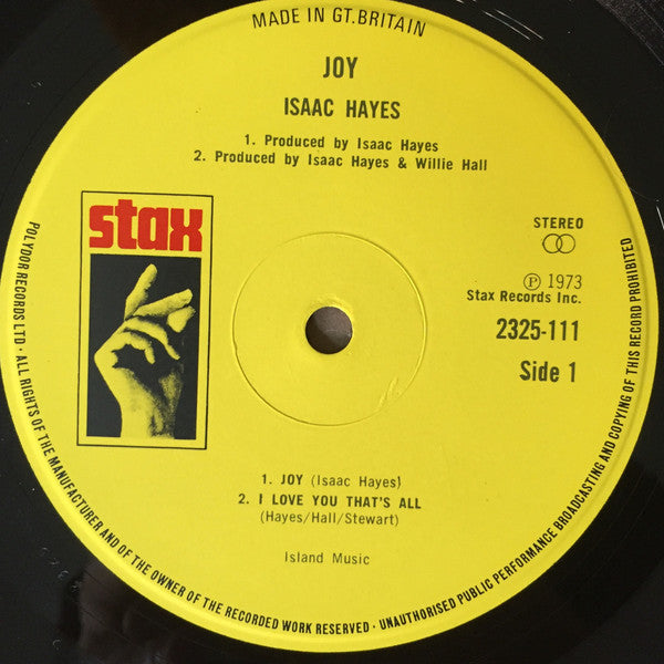 Image of Label Cover of LP - VG/VG - ISAAC HAYES, Joy (Stax; 2325-111, UK 1973), Import sticker on front sleeve. , - 1926317E