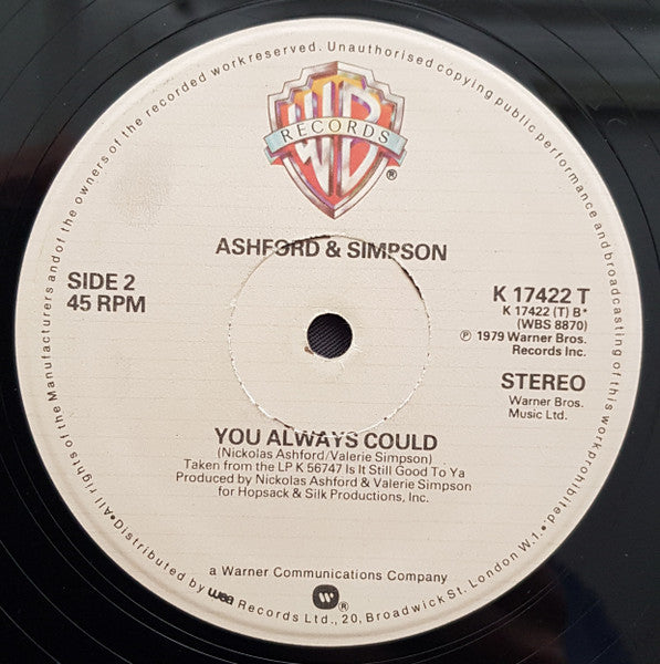 Image of Back Cover of 12" - VG/VG - ASHFORD & SIMPSON, Found A Cure / You Always Could (Warner Bros. Records; K 17422 T, UK 1979, Company Sleeve), , - 1926321E