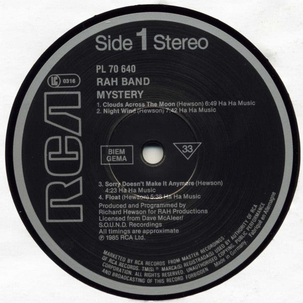 Image of Label Cover of LP - VG/VG - RAH BAND, Mystery (RCA; PL 70640, Europe 1985), , - 1926322E