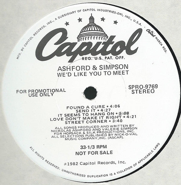 Image of Label Cover of LP - VG/VG+ - ASHFORD & SIMPSON, We'd Like You To Meet (Capitol Records; SPRO 9769 / 9770, US 1982, Promo), , - 1926324E