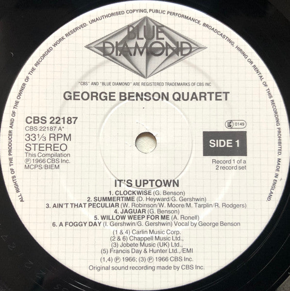 Image of Label Cover of 2xLP - VG+/VG+ - GEORGE BENSON QUARTET, It's Uptown / The George Benson Cookbook (Blue Diamond; CBS 22187, UK & Europe 1985), Slight crease in sleeve. , - 3526218E
