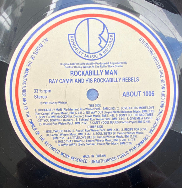 Image of Label Cover of LP - VG/G+ - RAY CAMPI AND HIS ROCKABILLY REBELS, Rockabilly Man (Rondelet Music & Records; ABOUT 1006, UK 1981), Light marks + hairlines and some faint scuffs. Spine and edgewear., - 2016076C