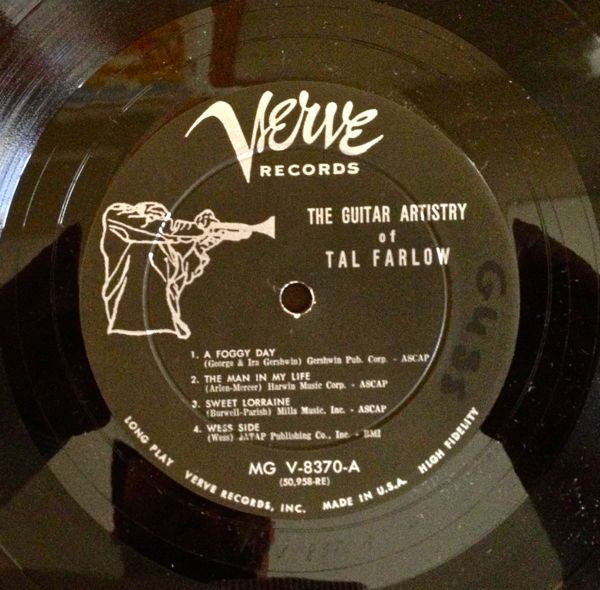 Image of Label Cover of LP - G/VG - TAL FARLOW, The Guitar Artistry Of Tal Farlow (Verve Records; MG V 8370, US 1959), Sleeve held together by spine as both top and bottom seams are split. Liquid stain on rear. Staining. Record has a few light marks - strong VG., - 2026070E
