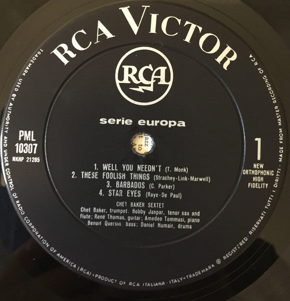 Image of Label Cover of LP - G/VG - CHET BAKER SEXTET, Chet Is Back! (RCA Victor; PML 10307, Italy 1962, Inner), Vinyl is Strong VG, Record Sleeve Seams Split along Top and Bottom, Spine Worn. Inner Has One Seam Split, - 2026133E