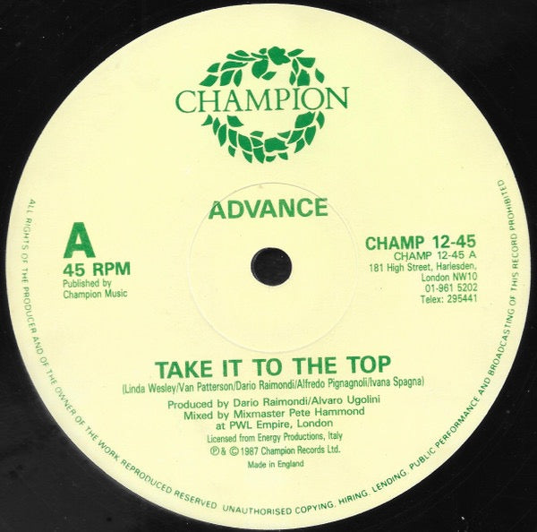 Image of Label Cover of 12" - VG/VG - ADVANCE, Take It To The Top (Champion; CHAMP 12-45, UK 1987, Picture Sleeve), , - 2016207C