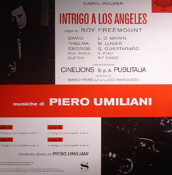 Image of Back Cover of 2xLP - EX/EX - PIERO UMILIANI, Intrigo A Los Angeles (Colonna Sonora Originale) (Contempo Records ; C02008LP, Italy 2015 Reissue, Gatefold), Opened Instore, Still In Stickered Plastic Outer, - 2026203E