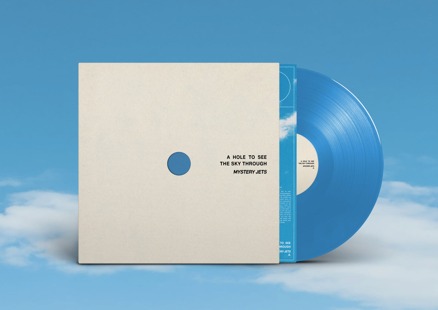 Image of Back Cover of LP - NEW/NEW - MYSTERY JETS, A Hole To See The Sky Through (Fiction Records; Jets7004, UK 2026, Indie Exclusive Blue Vinyl w/ Die-Cut Sleeve & Perforated Inner for See The Sky effect + Signed Insert.), , Mystery Jets return with A Hole To See The Sky Through , a conceptually rich new album that acts as the inward-facing counterpart to Curve of the Earth , shifting focus from vast external landscapes to the intimate ways we perceive and process the world. Inspired by Yoko Ono s art