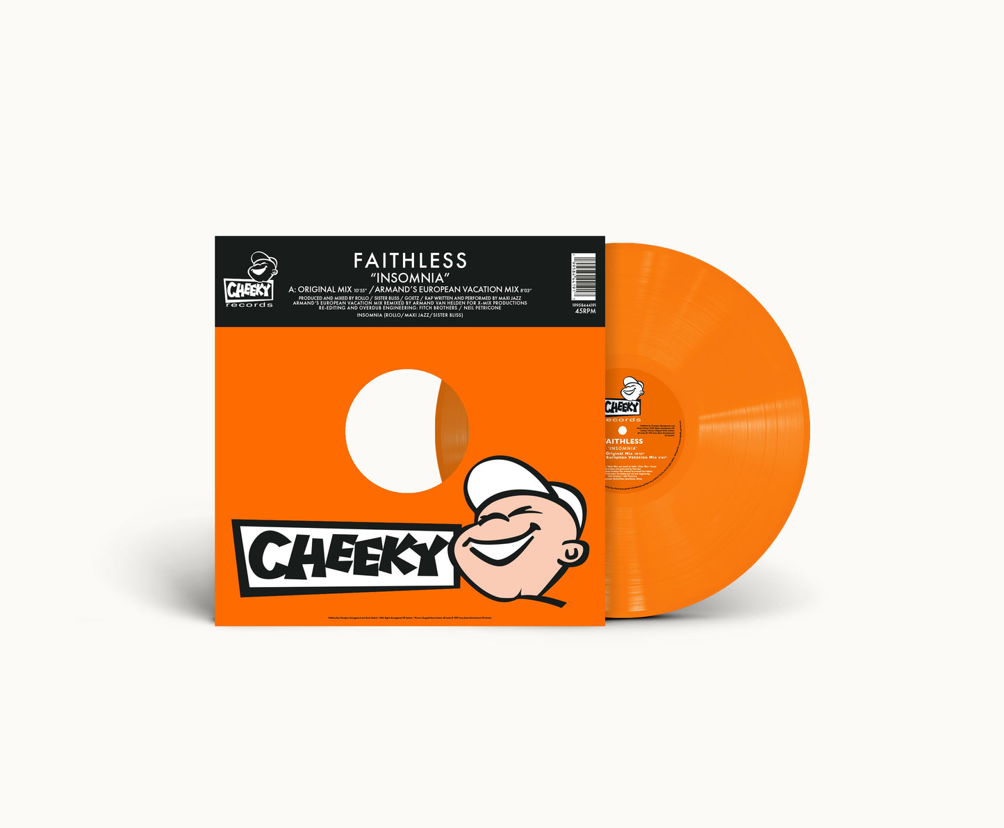 Image of Label Cover of 12" - NEW/NEW - FAITHLESS, Insomnia (30th Anniversary) (Sony; 19958444191, Europe 2026 Reissue, Orange Vinyl), , To celebrate three decades of one of electronic music s most iconic tracks, Insomnia by Faithless will be released as a 12 single on orange vinyl. Featuring classic mixes of the track including fan favourite Armand Van Helden European Vacation Mix as well as the Original Mix, this colour vinyl is housed in a replica die-cut Cheeky Records house bag and will be released