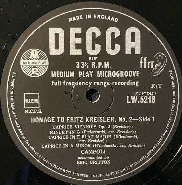 Image of Label Cover of 10" LP - VG+/VG+ - ALFREDO CAMPOLI, ERIC GRITTON, Homage to Kreisler No.2 (Decca; LW 5218, UK 1957, Laminated Scalloped Flipback Sleeve), , - 2026159E