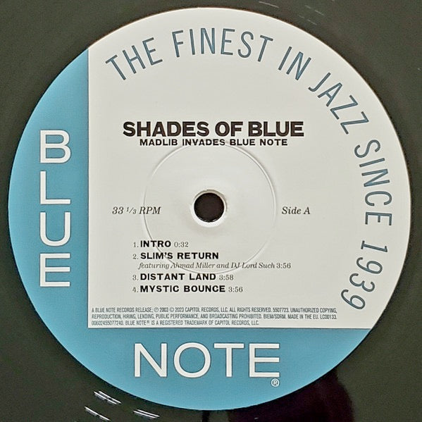 Image of Label Cover of 2xLP - VG+/VG+ - MADLIB, Shades of Blue (Blue Note; 5507723, Europe 2023 Reissue, Gatefold, 180g Vinyl, Mastered by Kevin Gray), , The sound of Blue Note had been embedded in hip-hop through sampling and remixes since its early days but Madlib raised the bar when the DJ, producer, rapper and multi-instrumentalist invaded the Blue Note vaults for his 2003 masterpiece Shades of Blue, a visionary album featuring remixes and reimaginations of classics by Donald Byrd, Bobbi Humphrey, Ronn