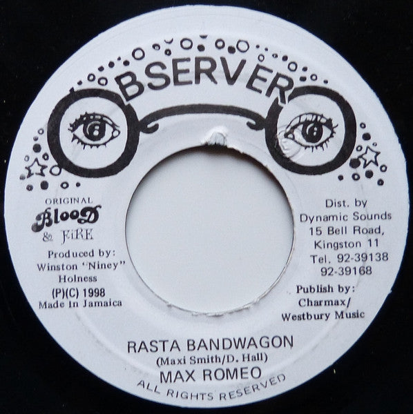 Image of Front Cover of 7" - /VG - MAX ROMEO, Rasta Bandwagon (Observer; , Jamaica 1998 Reissue), Quite a few visible superficial scuffs, plays fine., - 2016384C