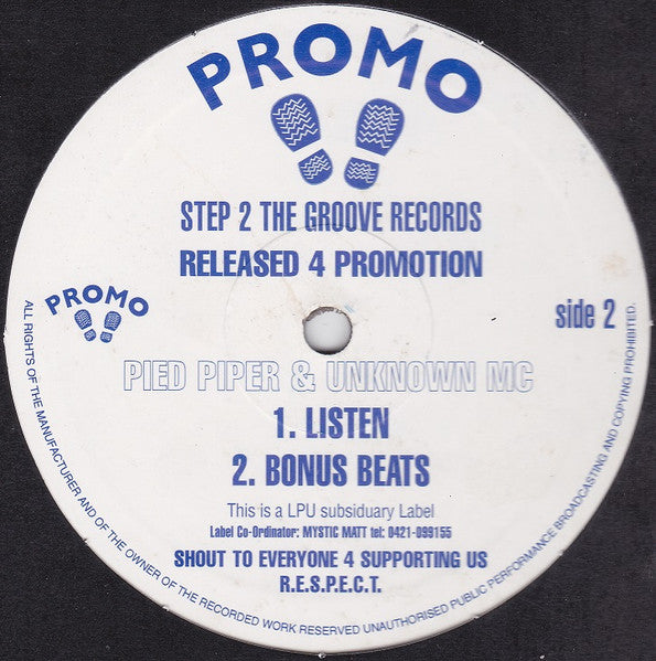 Image of Back Cover of 12" - /VG+ - PIED PIPER & UNKNOWN MC, Released 4 Promotion (Step 2 The Groove Records; PNUT-1, UK 1997), , - 2046254S
