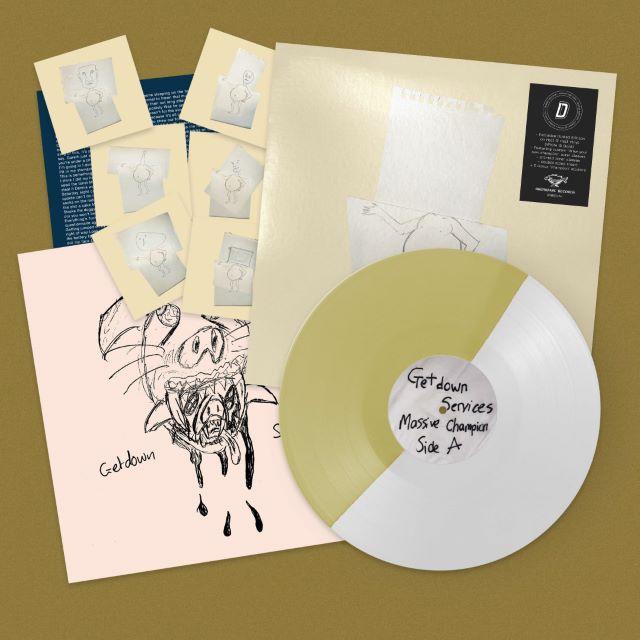 Image of Front Cover of LP - NEW/NEW - GETDOWN SERVICES, Massive Champion - Dinked Edition (Breakfast Records; BR083LPH, UK 2026, Half & Half White & Gold Vinyl, Limited Pressing of 1,000, Dinked Edition No. 415, Custom outer sleeves with space for fan drawing (best wins a prize), Six stickers of the different “champions”, 12” x 12” double-sided insert.), , Massive Champion is the highly anticipated new album from Bristol’s Getdown Services, the follow up to cult classic debut Crisps. An odyssey of anarchic