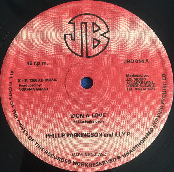 Image of Label Cover of 12" - VG/VG+ - PHILLIP PARKINSON AND ILLY P., Zion A Love (JB Music; JBD 014, UK 1980, Company Sleeve), , - 2146142S