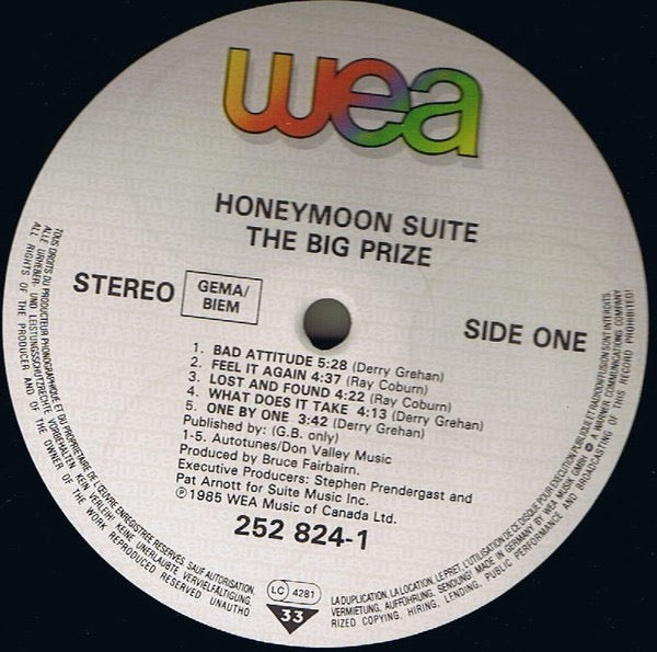 Image of Label Cover of LP - VG/VG+ - HONEYMOON SUITE, The Big Prize (WEA; 252 824-1, Europe 1985, Inner), , - 2116326C