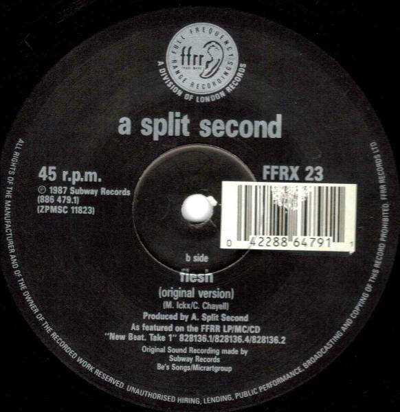 Image of Label Cover of 12" - VG+/VG - A SPLIT SECOND, Flesh (Remix) (FFRR; FFRX 23, UK 1988, Company Sleeve), , - 2146188S