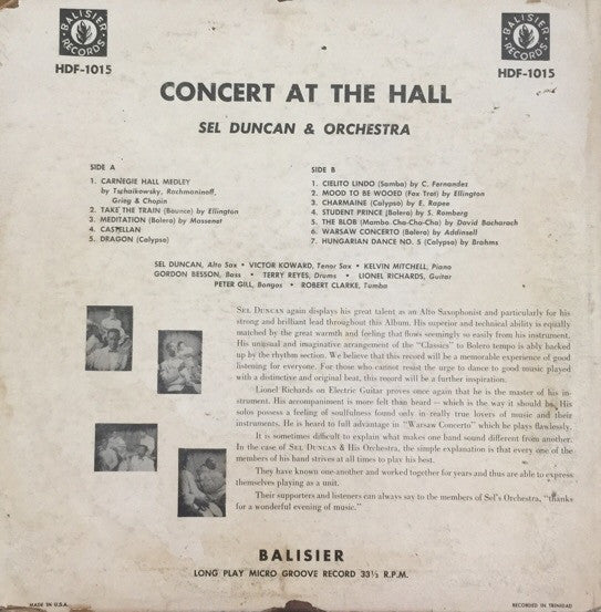 Image of Back Cover of LP - G/VG - SEL DUNCAN AND ORCHESTRA, Concert At The Hall (Balisier; HDF-1015, Trinidad & Tobago 1960s), Quite a few superficial lines, plays solid VG or better. Sleeve is partially split on all seams, but both panels look nice., - 2126185E