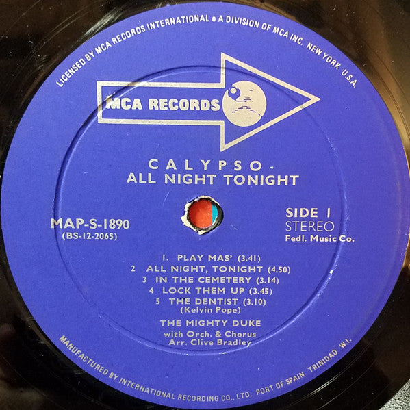 Image of Label Cover of LP - VG/VG - THE MIGHTY DUKE, Calypso - All Night Tonight (MCA Records; MAP-S-1890, Trinidad & Tobago 1970), , - 2126187E
