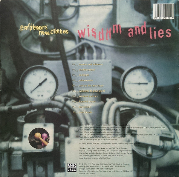 Image of Back Cover of LP - VG/VG+ - EMPERORS NEW CLOTHES, Wisdom And Lies (Acid Jazz; JAZID 122 LP, UK 1995), Corner of sleeve bent / creased, another has wear, - 2116506C