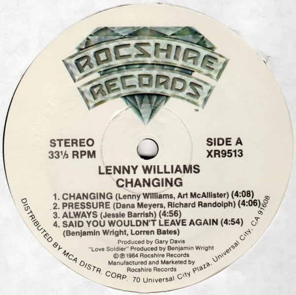 Image of Label Cover of LP - VG/VG - LENNY WILLIAMS, Changing (Rocshire Records; XR9513, US 1984), Sleeve has import sticker and sticker ghost on front. Some creasing and wear at edges, - 2116511C