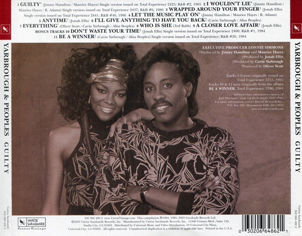 Image of Back Cover of CD - VG+/VG+ - YARBROUGH & PEOPLES, Guilty (Var se Vintage; 302 066 486 2, US 2003 Reissue, Jewel Case), , - 2116598C