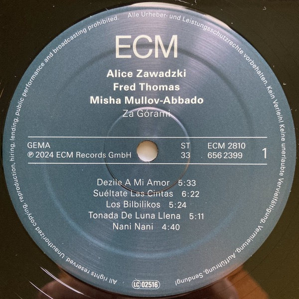 Image of Label Cover of LP - VG+/EX - ALICE ZAWADZKI / FRED THOMAS / MISHA MULLOV-ABBADO, Za G rami (ECM Records; ECM 2810, Germany 2024), Still In Opened Shrinkwrap, - 2116642C