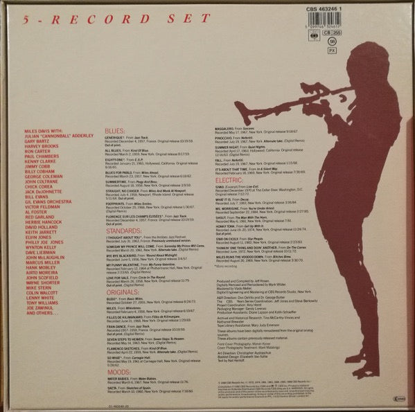 Image of Back Cover of 5xLP - VG/VG - MILES DAVIS, The CBS Years 1955 - 1985 (CBS; CBS 463246 1, Netherlands 1988, Box Set, Booklet & Inners), Strong VG across the board., - 2116689C