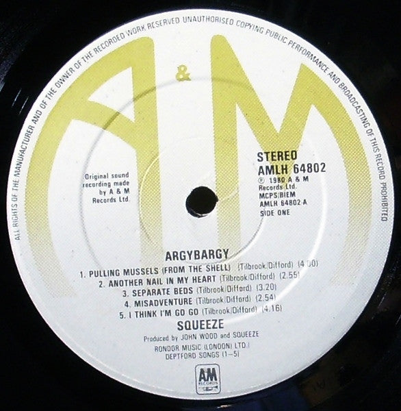 Image of Label Cover of LP - VG/VG+ - SQUEEZE, Argybargy (A&M Records; AMLH 64802, UK 1980, Inner), Few marks on side B. Sticker damage to front, promo stamp on rear. , - 2126319E