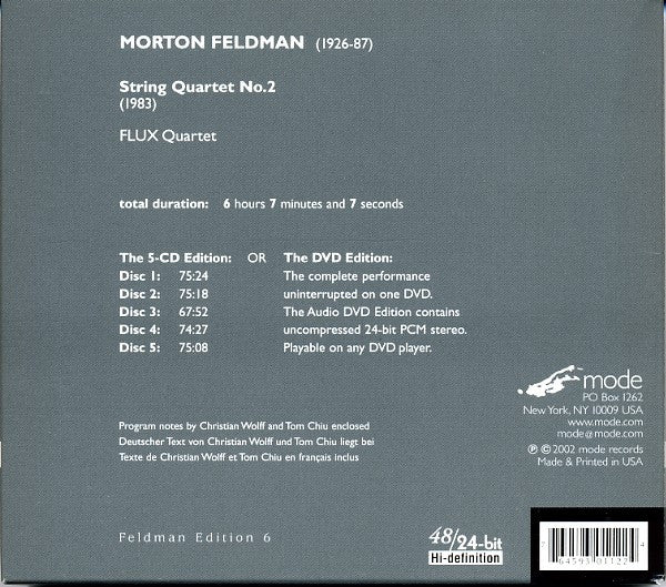 Image of Back Cover of 5xCD - VG/VG+ - MORTON FELDMAN - FLUX QUARTET, String Quartet No. 2 (Mode; mode 112, US 2002, Box Set, 5 Inners + Booklet), , - 2236009E