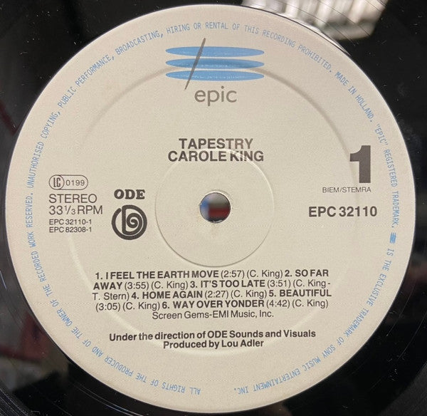 Image of Label Cover of LP - VG+/VG - CAROLE KING, Tapestry (Epic Grey Labels Large E; EPC 32110, Europe 1980s Reissue, Company Inner, Nice Price), Sleeve has light edge wear., - 3016189C