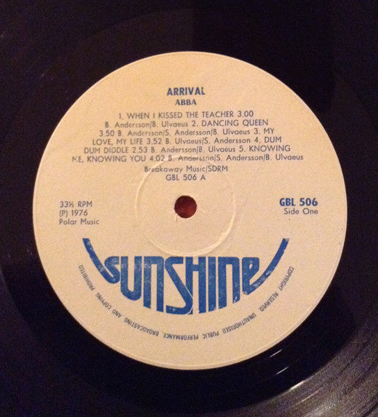Image of Label Cover of LP - VG/G+ - ABBA, Arrival (Sunshine; GBL506, Rhodesia 1976, Inner), Light scuffs and some very faint hairlines on disc. Inner creased, ring, edge and corner wear to sleeve. , - 2216115C