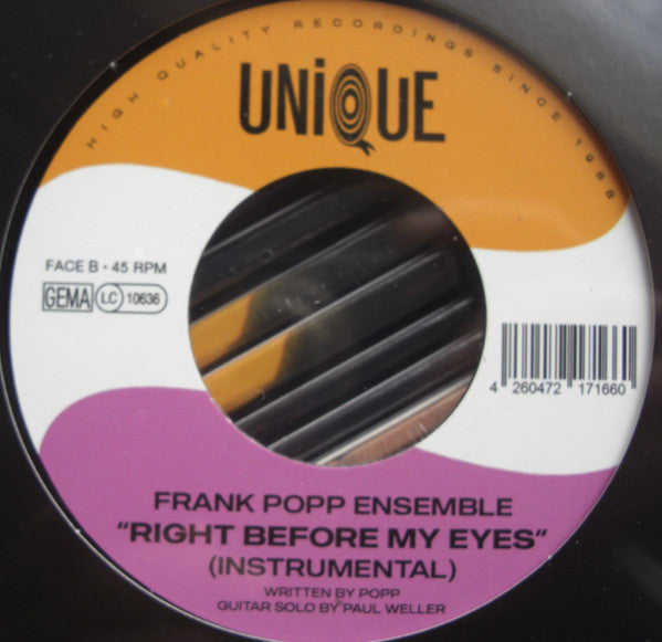 Image of Back Cover of 7" - /VG+ - THE FRANK POPP ENSEMBLE FEAT. PAUL WELLER, Right Before My Eyes (Unique; UNIQ321-1, Germany 2025, Plain Black Sleeve), , - 2215048C