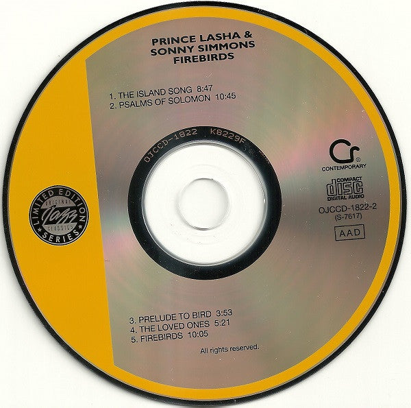 Image of Label Cover of CD - VG+/VG+ - PRINCE LASHA & SONNY SIMMONS, Firebirds (Original Jazz Classics; OJCCD-1822-2, US 1993, Jewel Case), , - 3056166S