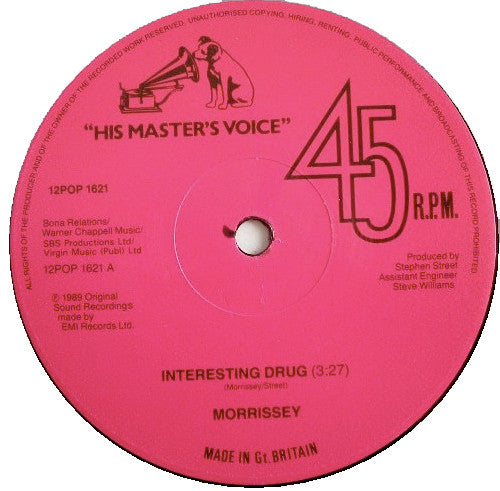 Image of Label Cover of 12" - VG+/VG - MORRISSEY, Interesting Drug (His Master's Voice Red Labels; 12POP 1621, UK 1989, Picture Sleeve), Vinyl is strong VG - just a few light hairlines on Side B. , - 3126108E