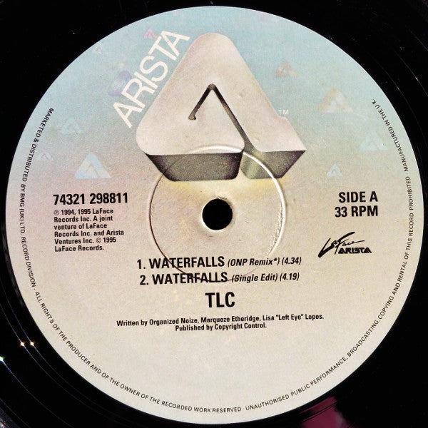 Image of Label Cover of 12" - G/VG - TLC, Waterfalls (Arista; 74321 298811, UK 1995, Picture Sleeve), Rips along sleeve opening. Some wear and creasing too; sticker ghost on reverse, - 2216329C