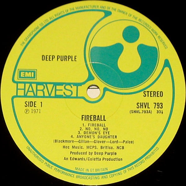 Image of Label Cover of LP - VG/VG - DEEP PURPLE, Fireball (Harvest; SHVL 793, UK 1971, Textured Gatefold Sleeve, NO Insert, 'The Gramophone Co. Ltd' Label), With Harvest Inner, hairlines, edge & ring wear, - 2246218S