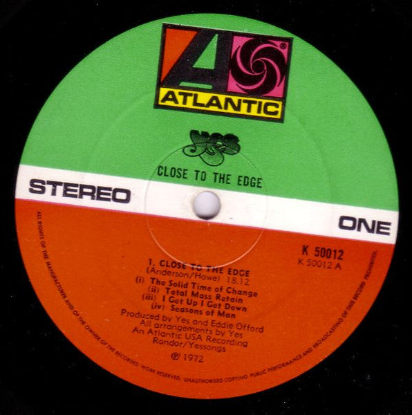 Image of Label Cover of LP - VG+/VG+ - YES, Close To The Edge (Atlantic Orange & Green - No W Logo On Label Rim; K 50012, UK 1972, Textured Gatefold Sleeve, Inner, No Made In UK or V on Labels.), , - 2316345C