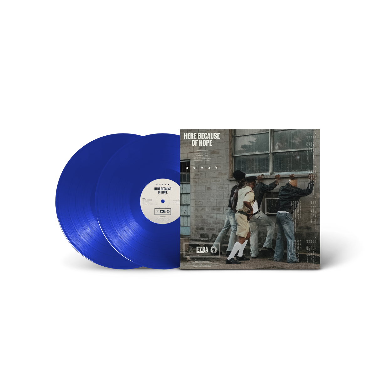 Image of Label Cover of 2xLP - NEW/NEW - EZRA COLLECTIVE, Here Because of Hope (Partisan Records; PTSN3069-3, UK 2026, Gatefold, Inner, Transparent Ocean Blue), , Ezra Collective's Here Because Of Hope is the most ambitious and personal record of their career - conceived as a body of work split into three spiritual and geographical movements, the album traces the movement of Black people across continents and decades, from the music of Africa to the rhythms of the Caribbean, and home to the streets of Lond
