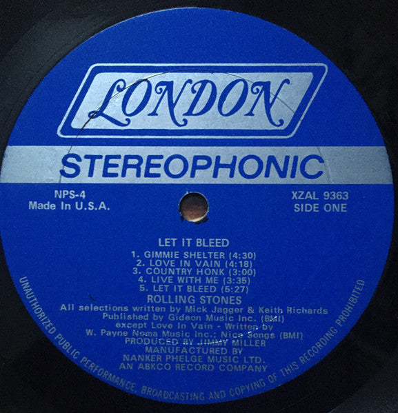 Image of Label Cover of LP - G+/VG - ROLLING STONES, Let It Bleed (London Records; NPS-4, US 1969, Pasteback Sleeve, Inner, No Poster, US First Press, AudioMatrix, Double Stamper, Without "Liner: NPS-4" on Back Of Sleeve, 'Gimmie Shelter' Credit to 'Mary Clayton'.), Light hairlines. Illegible etched X's over AudioBestway stamper. Heavy staining, seam splitting and corner creases to inner and sleeve. , - 2246345S