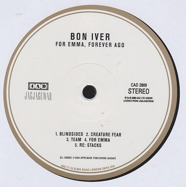 Image of Label Cover of LP - VG/G+ - BON IVER, For Emma, Forever Ago (4AD; CAD 2809, UK 2014 Reissue, Insert), Lots of hairlines across both sides of disc. , - 2216564C