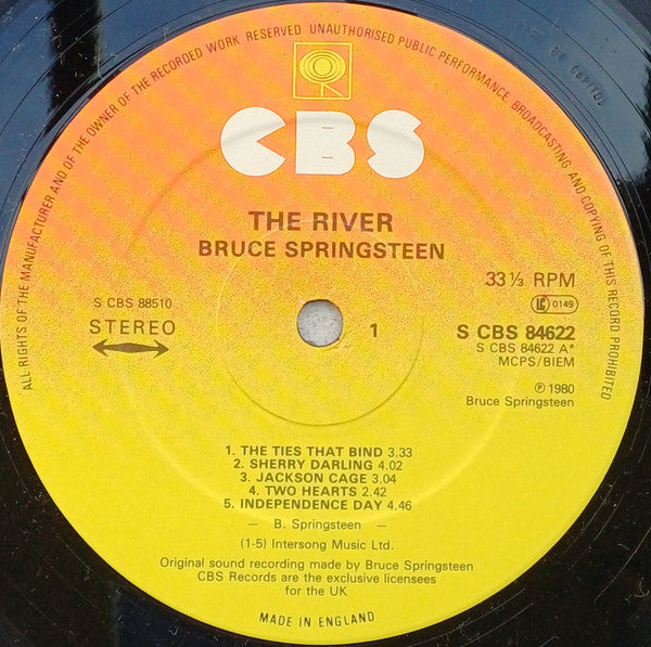 Image of Label Cover of 2xLP - VG+/VG+ - BRUCE SPRINGSTEEN, The River (CBS; 88510, UK 1980, 2 Inners With Square Corners NO Thumb cut-out, Insert , Stickered Sleeve, Made In England at bottom of labels, MASTERED AT CAPITOL on all 4 sides), Includes springsteen catalogue insert, - 2346004S