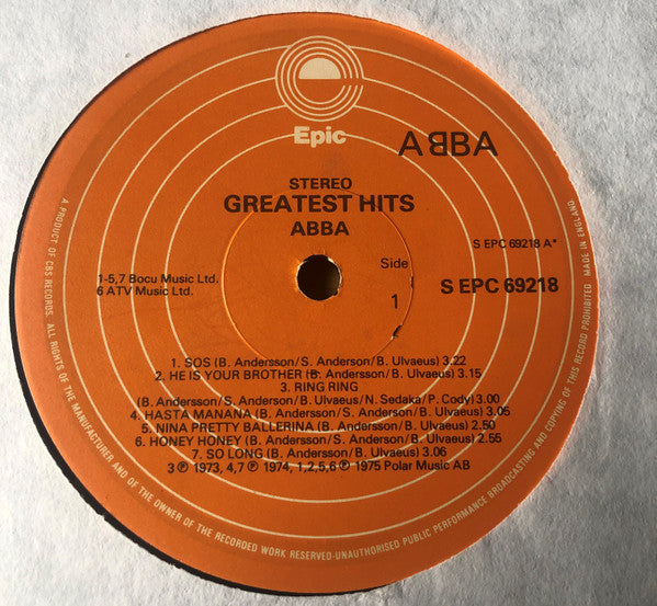 Image of Label Cover of LP - VG/G+ - ABBA, Greatest Hits (Epic; EPC 69218, UK 1970s Reissue, Gatefold), Light marks and hairlines. Mild creasing inside gatefold and edgewear., - 2316127C